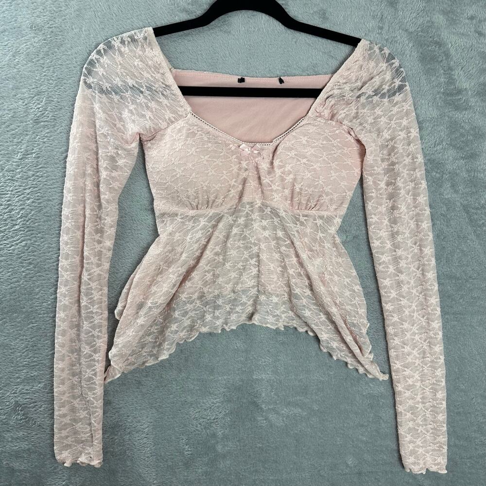 Baby Pink High-Low Babydoll Long Sleeve Lace Top Size Small Coquette Y2K Fairy
